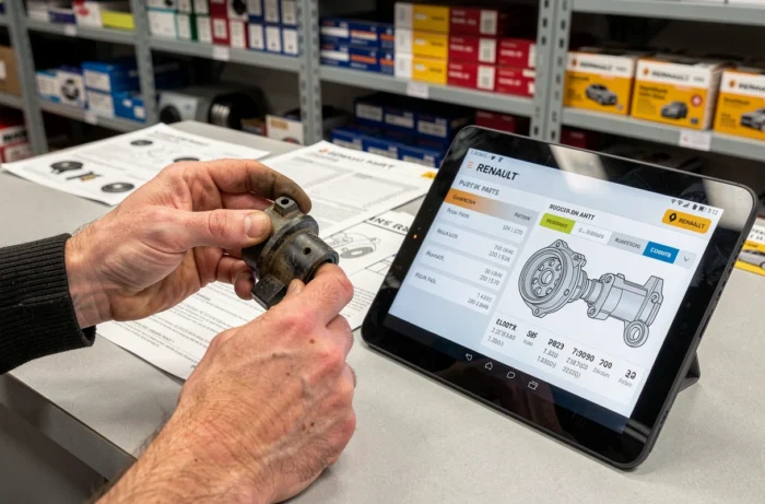 Mains tenant une pièce Renault usagée et consultant le catalogue Dialogys en ligne sur une tablette