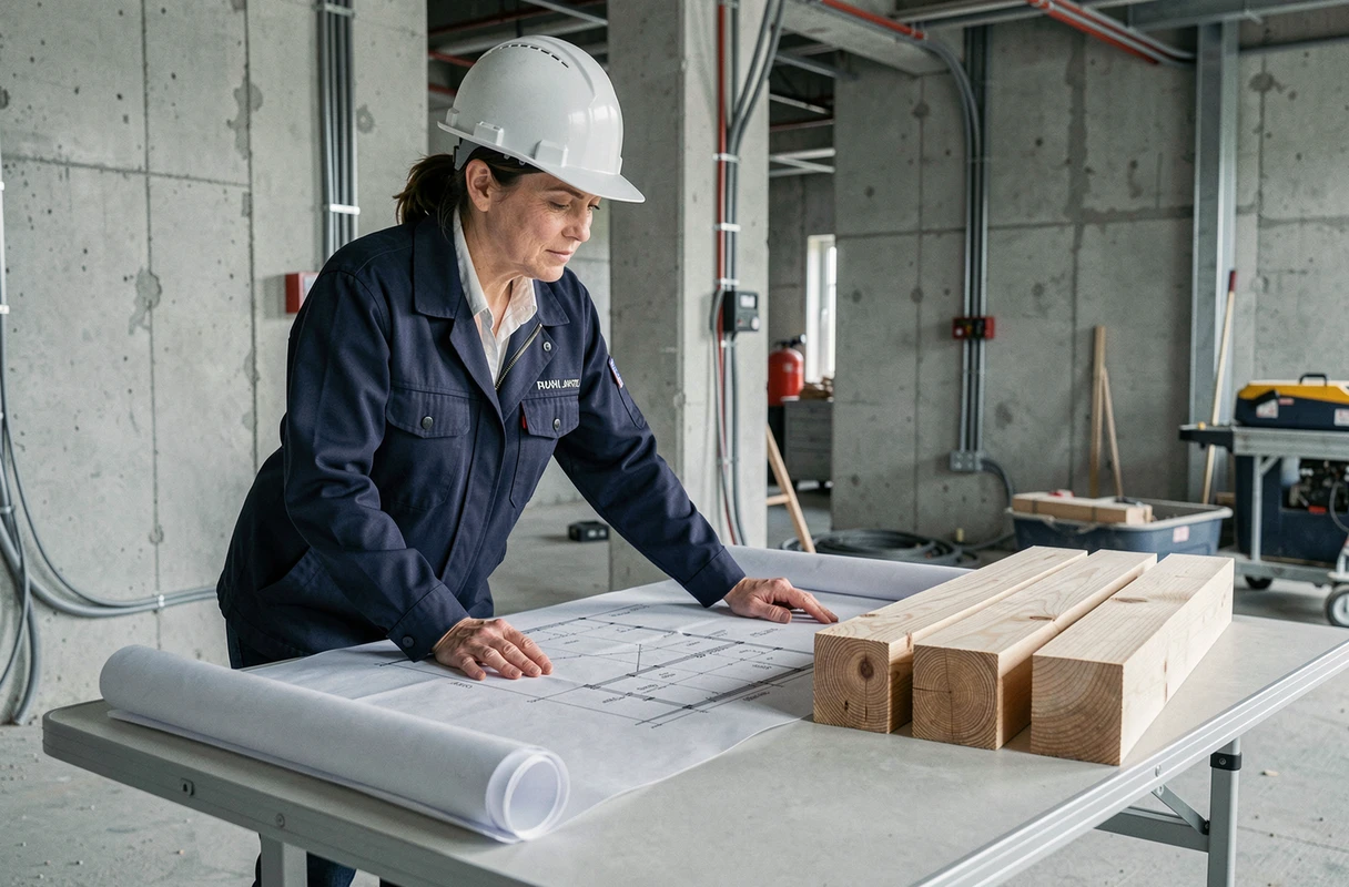 Ingénieure en structure étudiant les sections de poutre en bois sur des plans architecturaux de chantier