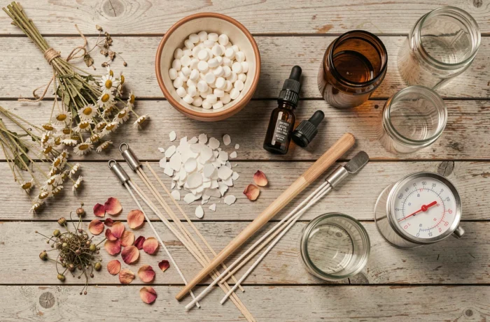 Vue de dessus des ingrédients et outils nécessaires pour fabriquer des bougies végétales maison, disposés sur une table en bois