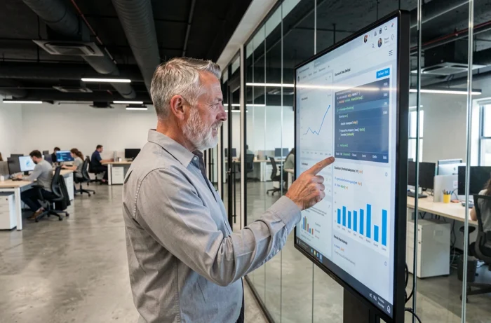 Professionnel présentant des innovations technologiques et des données informatiques sur un écran tactile dans un espace coworking