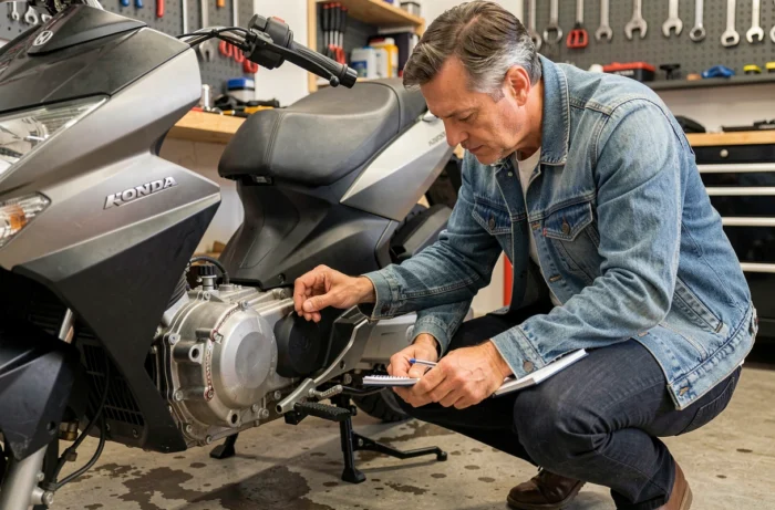 Acheteur inspectant une Honda Dax 125 d'occasion dans un garage privé, vérification du moteur et du cadre