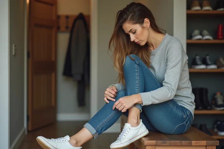 Femme inspectant la semelle de sa chaussure Skechers pour détecter un problème d'usure