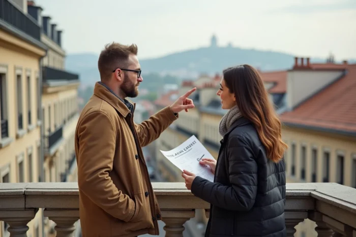 Couple de futurs investisseurs locatifs sur un balcon haussmannien avec vue sur les toits de Lyon