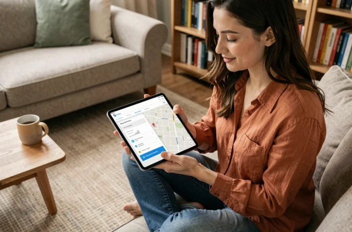 Jeune femme consultant un plan de site sur une tablette depuis son canapé dans un appartement chaleureux