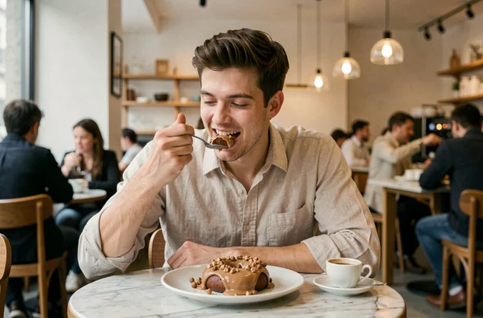 Jeune homme savourant un Paris-Brest revisité dans un café parisien moderne avec un espresso