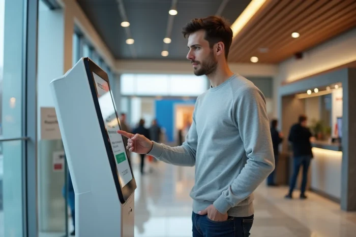 Un jeune homme utilise une borne interactive dans une agence bancaire pour simuler différents types de crédits et comparer les offres