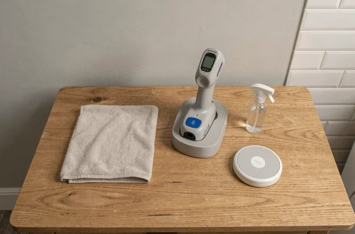 Nettoyeur de vitres Karcher WV2 Plus posé avec ses accessoires sur une table en bois, vue de dessus style éditorial