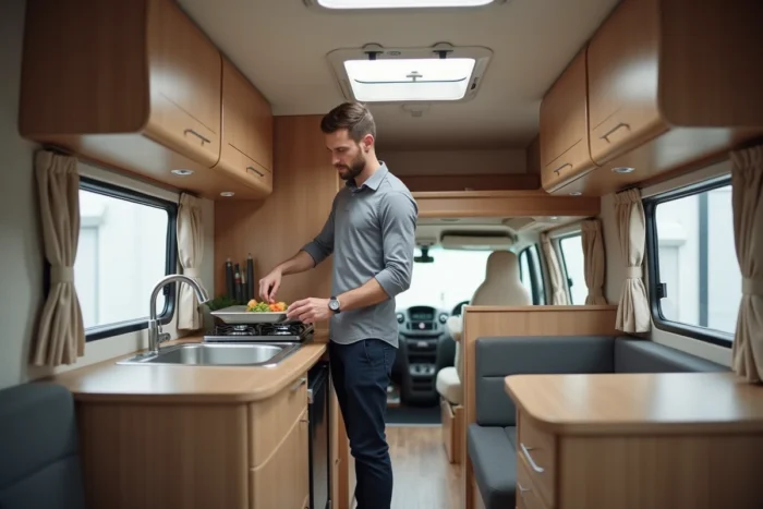 Cuisine intérieure optimisée de la caravane Knaus Sport 400 LK avec plaques gaz, évier et réfrigérateur dans un espace bien conçu