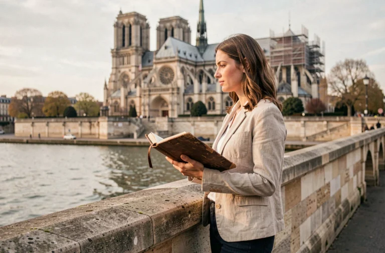 Femme dessinant sur le Pont de l'Archevêché avec vue sur Notre-Dame de Paris, idée de loisir créatif à Paris