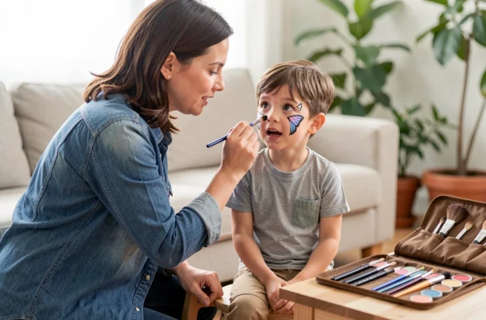 Une mère appliquant du maquillage papillon à son fils avec des pinceaux professionnels lors d'un atelier maquillage maison