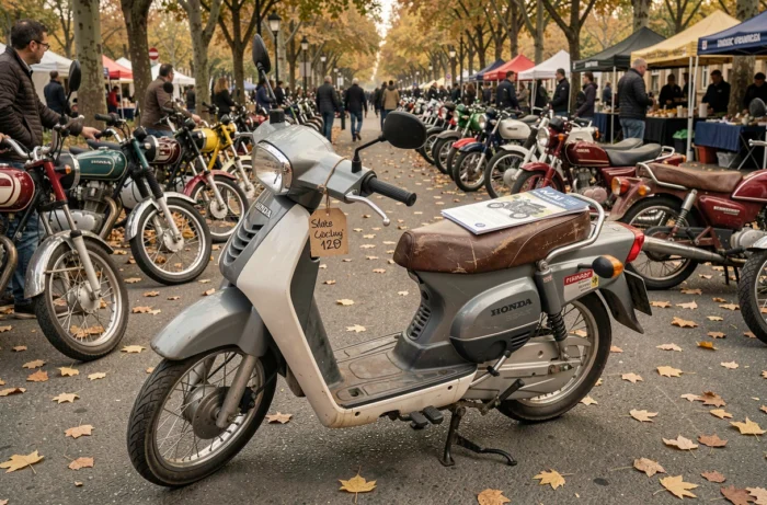 Honda Dax 125 exposée sur un marché de motos d'occasion en plein air avec fiche de prix et documents visibles