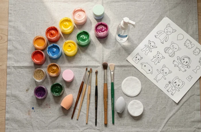 Vue du dessus des matériaux essentiels pour un atelier maquillage enfants : peintures faciales, pinceaux, éponges et pochoirs disposés sur un tissu lin