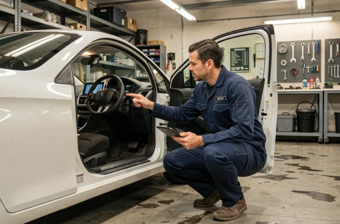 Mécanicien professionnel analysant les voyants du tableau de bord d'une Peugeot 208 blanche dans un atelier automobile