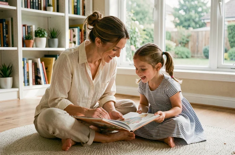 Mère et fille lisant un livre illustré ensemble sur le sol d'un salon chaleureux, illustrant l'accompagnement éducatif familial au quotidien