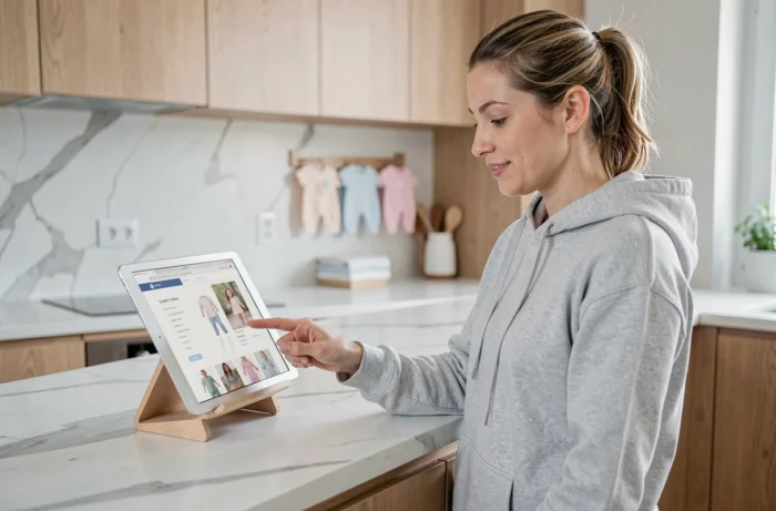 Mère de famille consultant le site Les Bébés Fringueurs sur une tablette dans une cuisine moderne pour prendre contact
