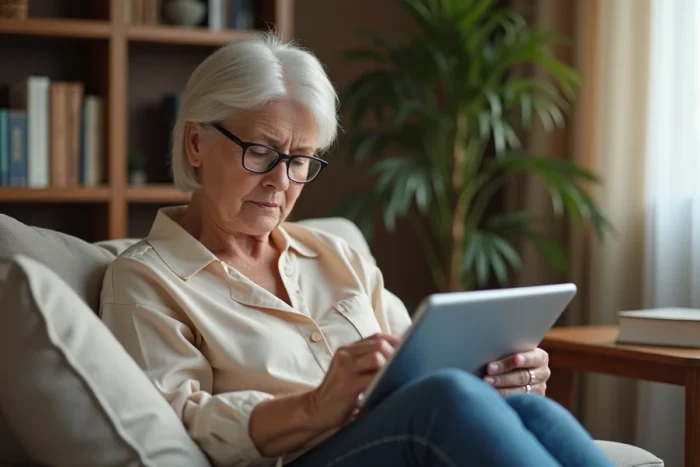 Femme mettant à jour son adresse sur l'application mobile de la Caisse d'Épargne depuis chez elle