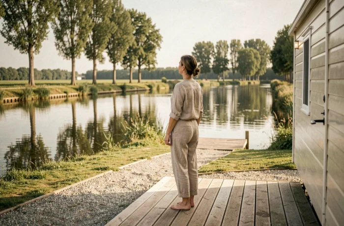 Femme sur la terrasse d'un mobil-home en Vendée contemplant un canal bordé de peupliers depuis un terrain privé avec ponton