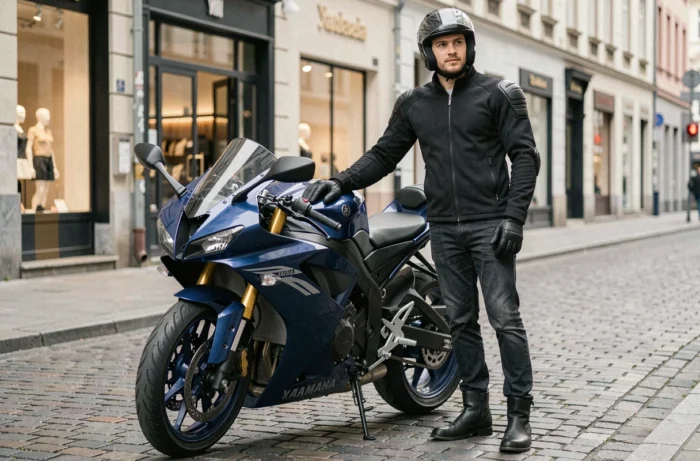 Jeune motard en veste textile noire debout à côté d'une Yamaha R6 garée sur une rue pavée urbaine européenne