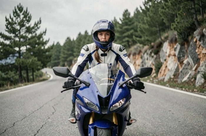 Motarde en combinaison blanche et bleue portant un casque intégral assise sur une Yamaha R6 sur une route de montagne sinueuse
