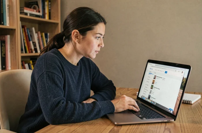 Femme parcourant les rubriques et pages d'un site web sur un ordinateur portable dans un bureau à domicile