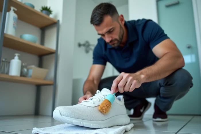 Homme nettoyant une chaussure Skechers blanche avec une brosse et un produit d'entretien