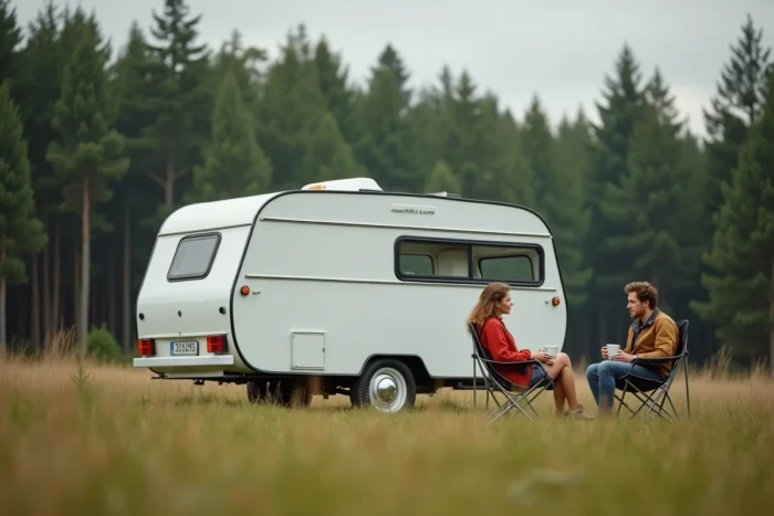 Caravane ultra-légère Niewiadow N126 sous 750 kg garée dans un pré, avec un couple profitant d'un café en pleine nature
