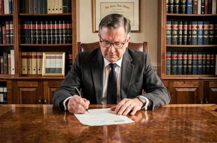 Notaire expérimenté en costume sombre examinant un contrat immobilier avec un stylo plume dans un bureau traditionnel