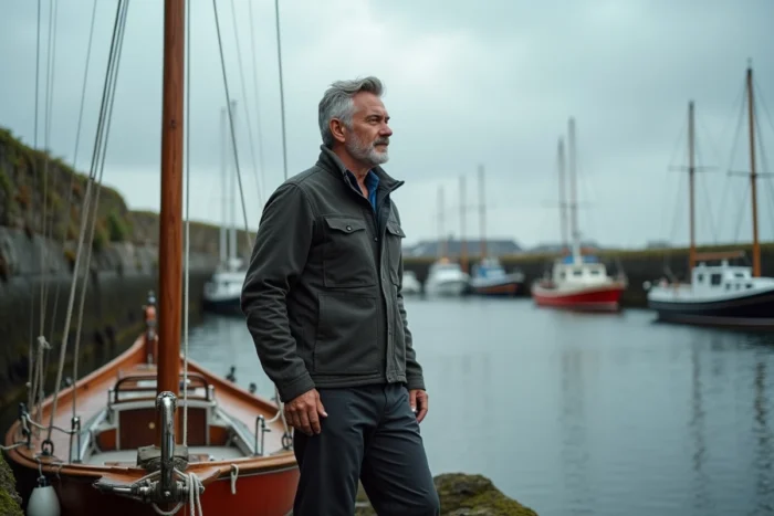Homme en veste bretonne moderne debout sur un bateau en bois dans un port breton traditionnel avec des bateaux de pêche amarrés