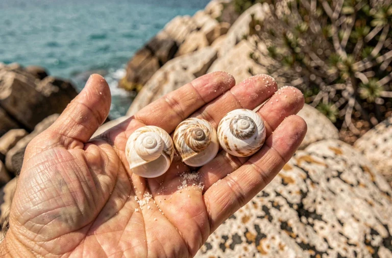 Main tenant des œils de Sainte Lucie sur un rocher de la côte corse avec la mer turquoise en arrière-plan