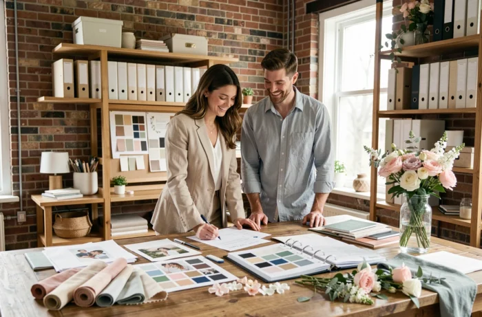 Un couple planifie son mariage dans un espace de travail décoré de tableaux d'inspiration, d'échantillons de tissus et d'un classeur de mariage ouvert sur une grande table en bois.