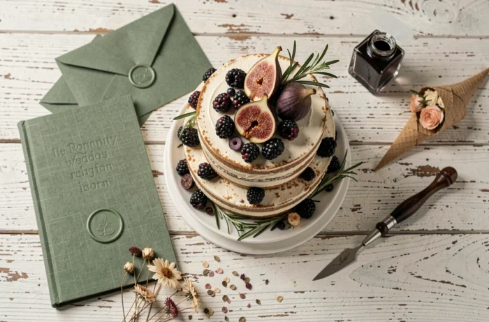 Flat-lay de mariage avec un naked cake aux figues et mûres, des faire-part en cire sauge, un livret de cérémonie en lin et des cônes de confettis fleuris sur une surface en chêne blanchi