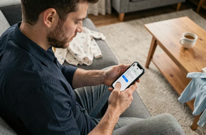 Jeune père envoyant un message de contact à Les Bébés Fringueurs via smartphone depuis son salon