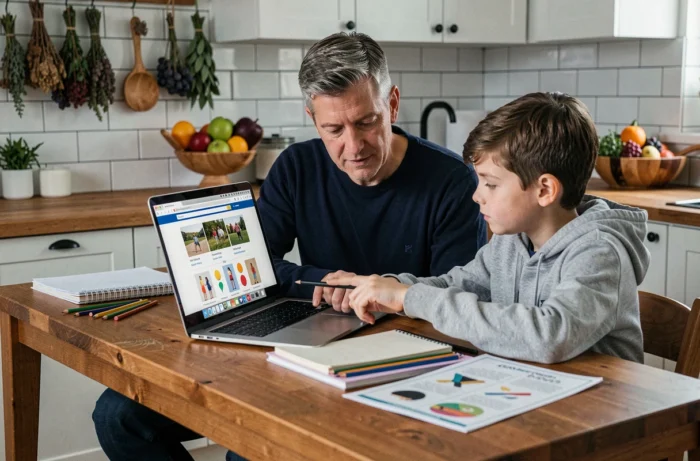 Père et fils consultant des ressources éducatives en ligne sur un ordinateur portable à la table de cuisine familiale