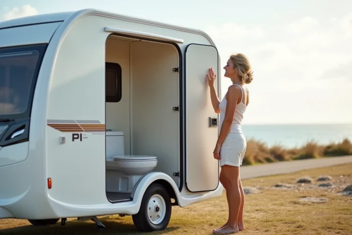 Micro-caravane Pino Caravan Pi XL avec porte ouverte révélant le compartiment WC intégré, la plus petite caravane équipée de toilettes