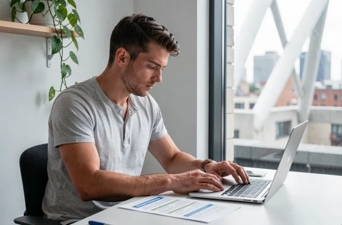 Jeune professionnel concentré sur son plan de développement personnel dans un espace de coworking moderne, symbolisant la révélation du potentiel individuel