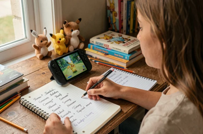 Adolescente prenant des notes sur les Pokémon en T avec une console de jeu et un cahier manuscrit sur son bureau