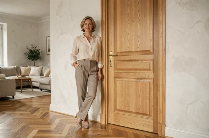 Femme admirant une porte intérieure en chêne sur-mesure dans un appartement parisien moderne