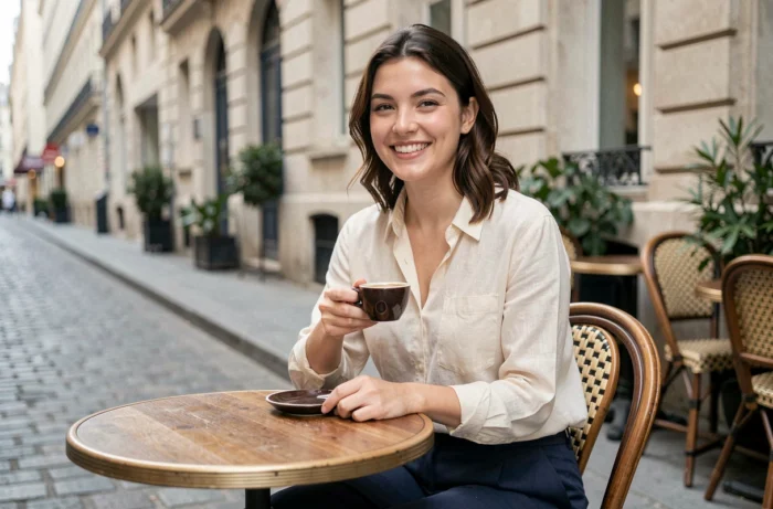 Jeune femme prénommée Lucie souriante dans un café parisien, illustrant la popularité du prénom Lucie en France