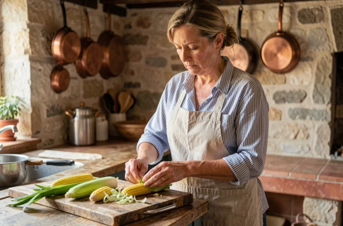 Femme préparant des cobettes fraîches dans une cuisine rustique française en pierre