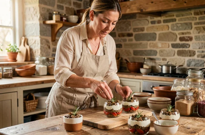 Femme préparant des verrines salées à base de tapenade, chèvre et poivrons rouges dans une cuisine rustique en pierre