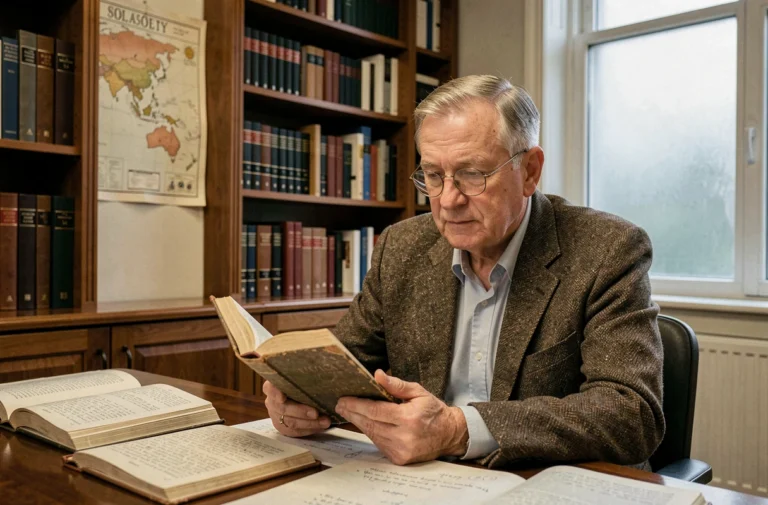 Professeur de sociologie âgé assis à son bureau universitaire entouré de livres et de notes de recherche