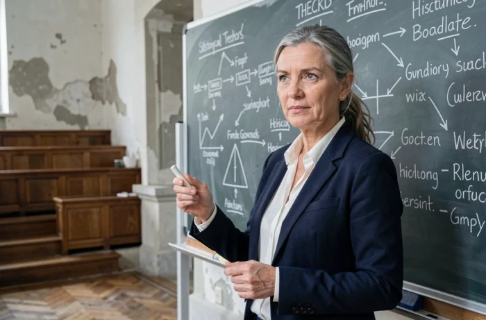 Professeure de sociologie devant un tableau noir couvert de schémas et de noms de grands théoriciens
