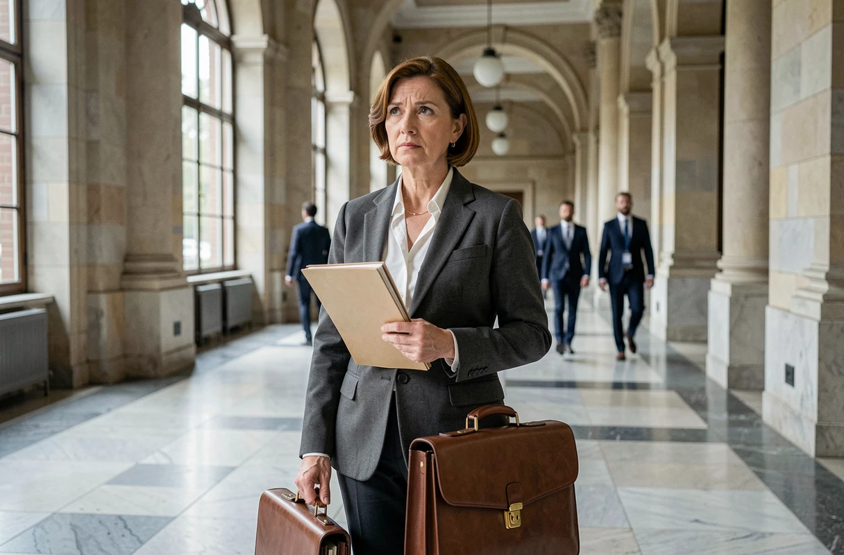 Femme professionnelle en blazer charbon tenant un dossier dans le couloir d'un palais de justice ou d'une institution administrative française