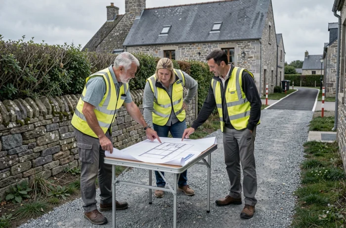 Équipe de projet de la communauté de communes de Guingamp supervisant des travaux d'aménagement local en milieu rural