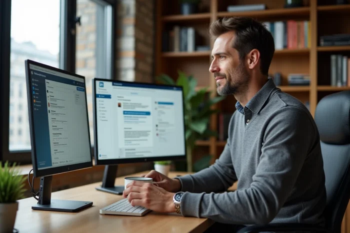 Homme travaillant depuis un bureau à domicile sur des outils de prospection digitale B2B comme LinkedIn Sales Navigator pour générer des leads qualifiés