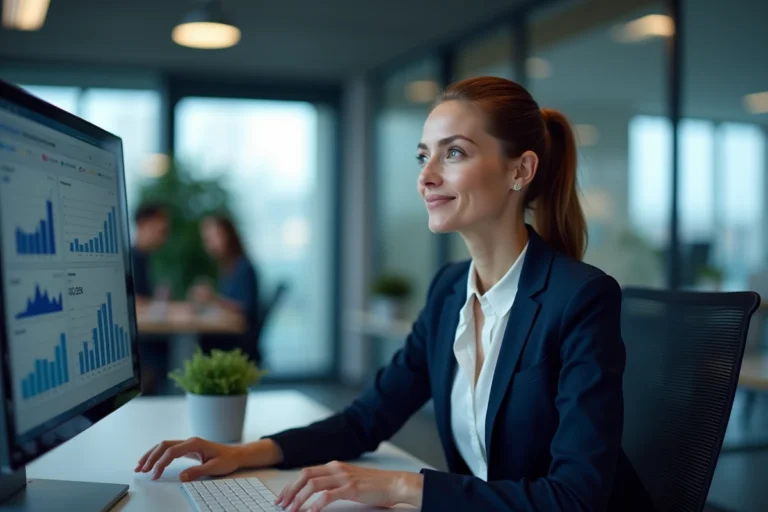 Professionnelle en entreprise analysant un tableau de bord CRM pour optimiser la prospection digitale B2B et générer des leads qualifiés