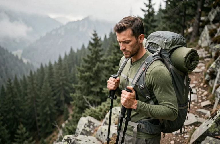 Randonneur équipé d'un grand sac à dos technique sur un sentier de montagne rocheux entouré de forêt de pins