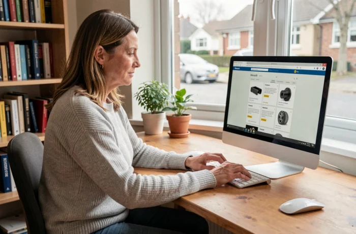 Femme recherchant des pièces détachées Renault sur le catalogue en ligne depuis un bureau à domicile