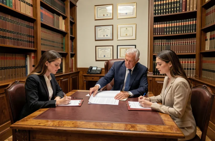 Un couple consulte un notaire dans son bureau pour clarifier leur régime matrimonial avant le mariage, entourés de livres juridiques.