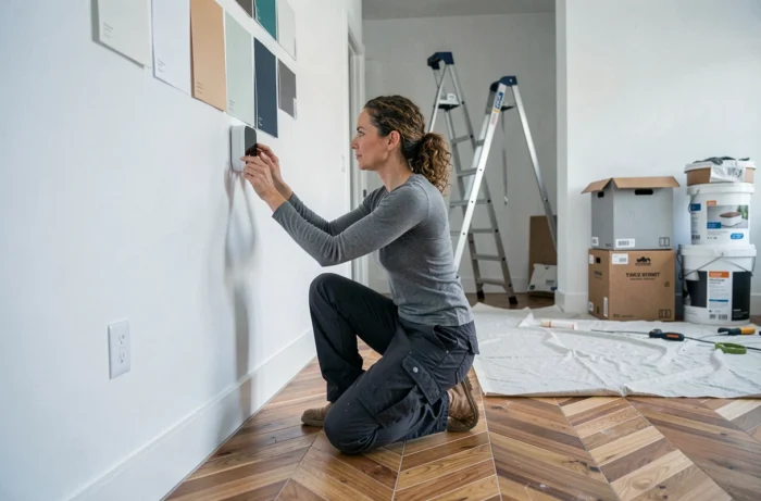 Femme installant un appareil domotique connecté sur un mur blanc lors de la rénovation d'un salon moderne en 2024